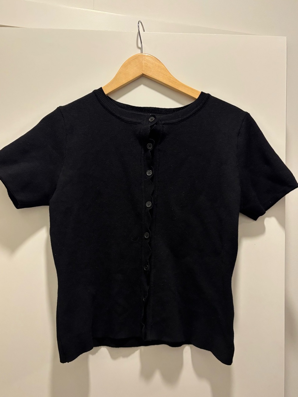Scalloped Short Sleeve Button-Front Knit Top